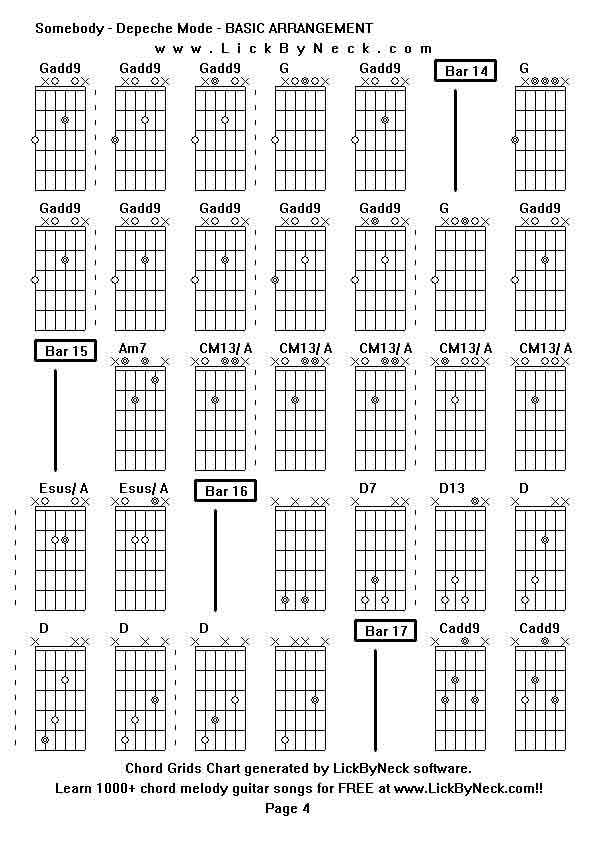 Chord Grids Chart of chord melody fingerstyle guitar song-Somebody - Depeche Mode - BASIC ARRANGEMENT,generated by LickByNeck software.